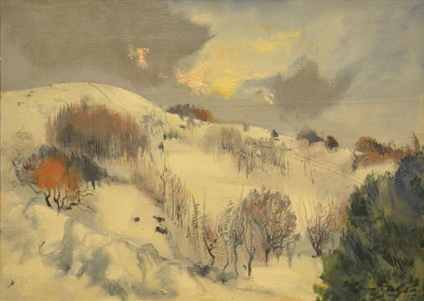 Romano Stefanelli ( Firenze 1931 ) PAESAGGIO INNEVATO, olio su tavola, cm 50x70