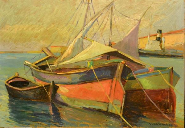 Nello Giovannelli ( 1922-1996 ) PORTO A LIVORNO, olio su faesite, cm 35x50