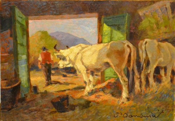 Carlo Domenici ( 1898-1981 ) LA STALLA, olio su faesite, cm 35x50