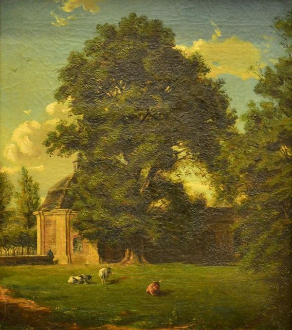 Scuola Francese, fine sec. XIX, PAESAGGIO CON MUCCHE, olio su tela,