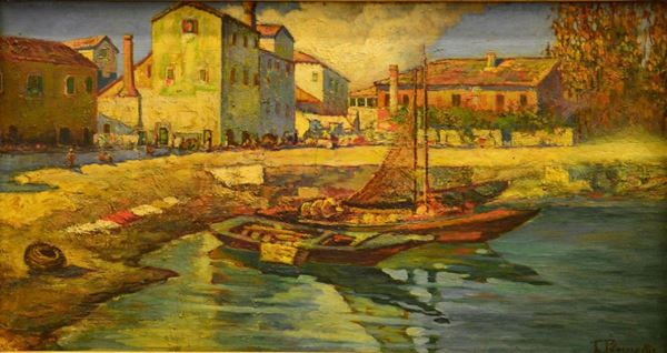 Scuola Italiana, inizi sec. XX, MARINA, olio su tela, cm 35x64, firmata T.