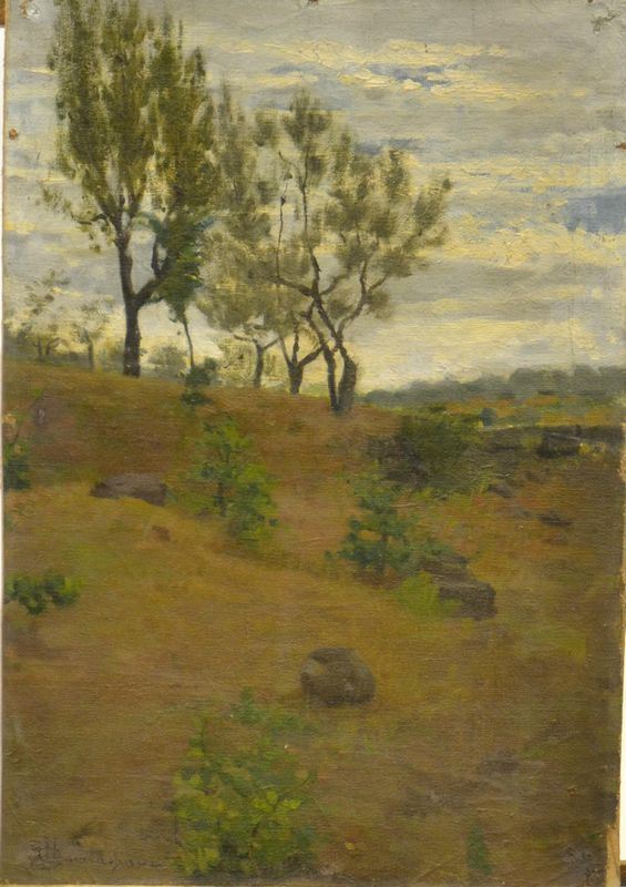 Scuola Italiana, inizi sec. XX, PAESAGGIO, olio su tela riportata su cartone, 