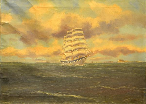 Scuola Nord Europea, primi sec. XX, VELIERO, olio su tela, cm 58x75, difetti