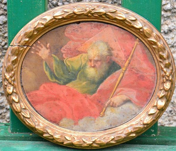 Scuola Toscana, sec. XIX, PADRE ETERNO, olio su tavoletta ovale, cm 14x12