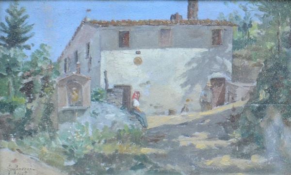 Gino Panerai, CASOLARE DI CAMPAGNA, olio su cartone, cm 13x19, 