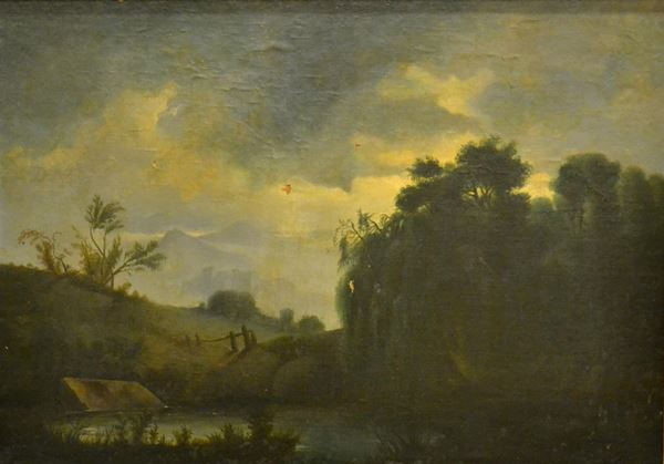 Scuola Italiana, sec. XIX, PAESAGGIO, olio su tela, cm 56x81, datato 1866,