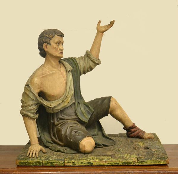 Scultura, Napoli, sec. XVIII, in legno laccato, PERSONAGGIO DA PRESEPE,
