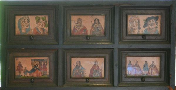 Piccolo stipo, sec. XVIII, in legno, con formelle in vetro pitturate,