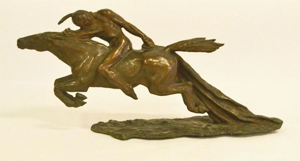 Scultura, sec. XX, PELLEROSSA SU CAVALLO, in bronzo, cm 46x22, firmata A. Giorgi