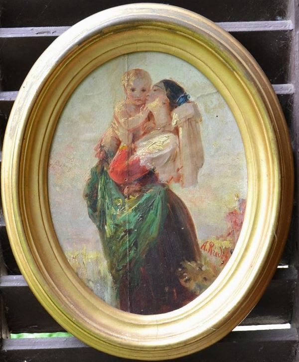 August Riedel ( Bayreuth 1799-Roma 1883 ) DONNA CON BAMBINO, olio su 
