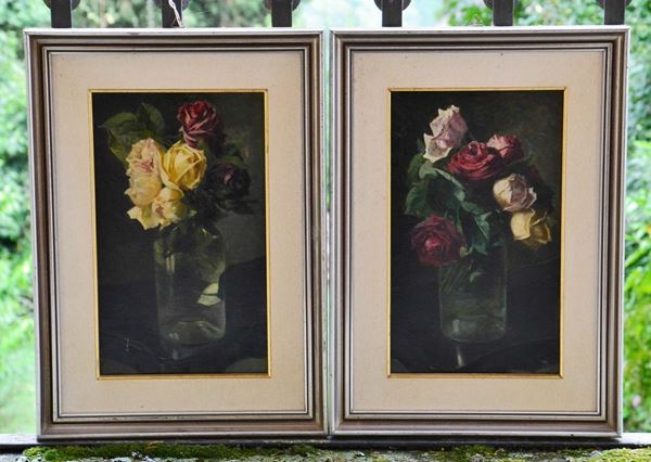 Ettore Cumbo ( 1833-1899 ) VASI DI FIORI, coppia di dipinti, olio su tela,