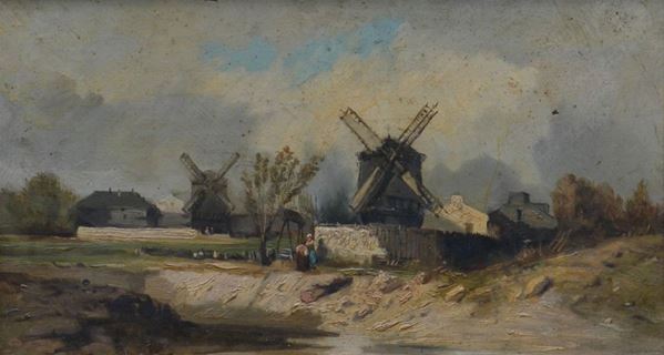 Scuola Olandese, sec. XIX, PAESAGGIO CON MULINO, olio su tavoletta, 