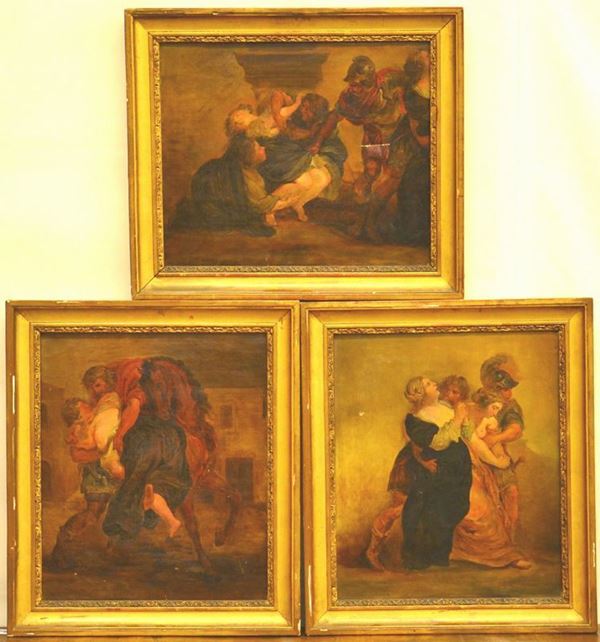 Scuola Francese, sec. XIX, FIGURE, tre dipinti ad olio su carta riportata su tela,