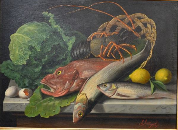 Michelangelo Meucci ( Firenze 1840-1909 ) NATURA MORTA CON PESCI, 