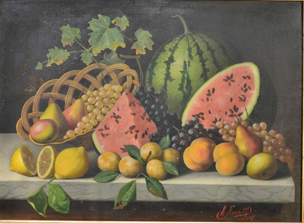 Michelangelo Meucci ( Firenze 1840-1909 ) NATURA MORTA CON FRUTTA,