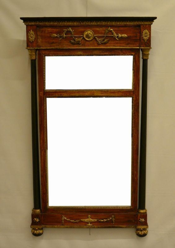 Specchiera, Impero, in legno laccato rosso, colonne laterali ebanizzate, decori in legno dorato e intagliato a MOTIVI VEGETALI, cm 86x8x147, specchio moderno