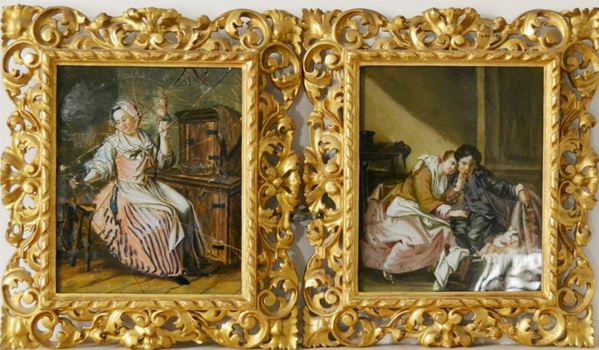 Coppia di dipinti su vetro, sec. XIX, raffiguranti PERSONAGGI, entro cornice, 