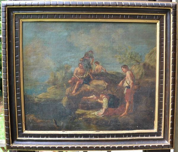 Scuola Veneta, sec. XVIII, PAESAGGIO CON FIGURE, olio su tela, cm 40x47