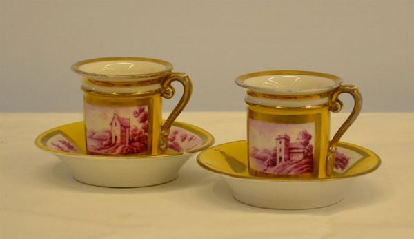 Coppia di tazzine con piattini, Napoli, sec. XIX, in ceramica Capodimonte, decorate a PAESAGGI, difetti ( 2 ) 
