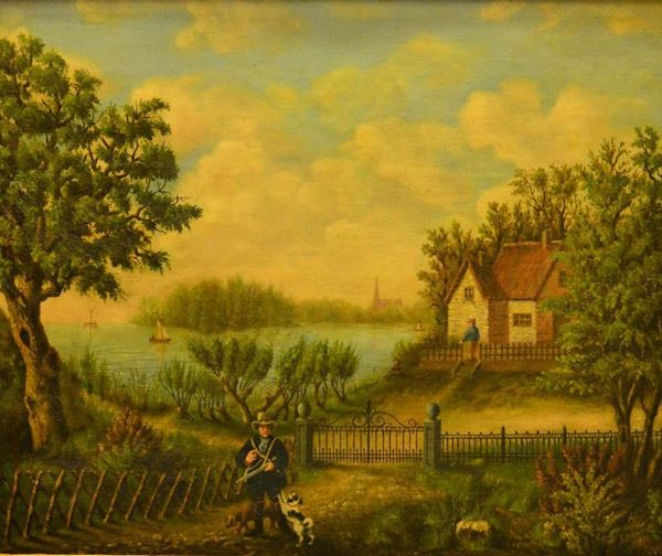 Scuola Nord Europea, fine sec. XIX, PAESAGGIO CON CACCIATORE, olio su tela, cm 45x50, firmato e datato
