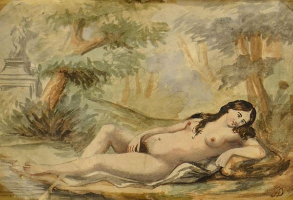 Deveria Achille ( Parigi 1800-1857 ) NUDO FEMMINILE, acquerello su carta, cm 18,5x2