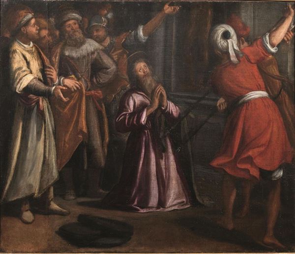 Scuola Toscana, sec. XVIII, MARTIRIO DI UN SANTO, olio su tela, cm 126x148,5, rintelato