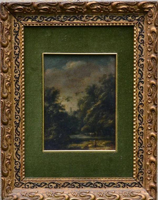 Scuola Genovese, sec. XVIII, PAESAGGIO CON ARMENTI, olio su rame, cm 21x16