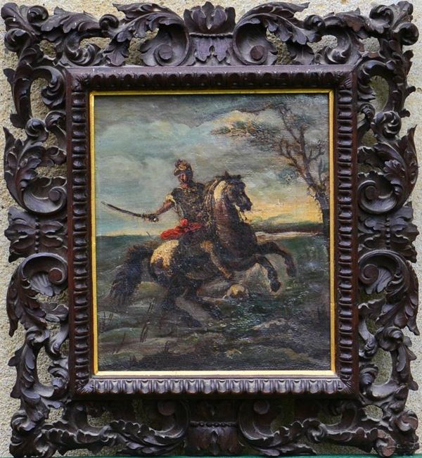 Scuola Italiana, sec. XVIII, CAVALIERE A CAVALLO, olio su tela, cm 35x32, restauri