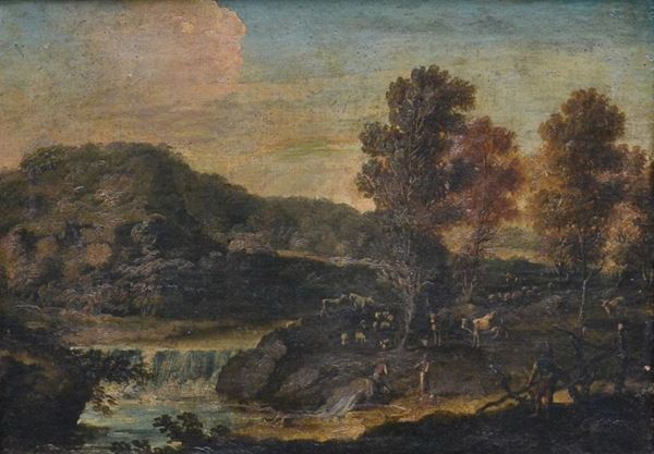 Scuola Veneta, sec. XVIII, PAESAGGIO CON RUSCELLO, olio su tela, cm 39x51