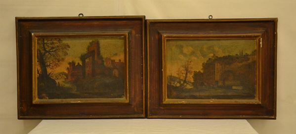 Scuola Italiana, sec. XVIII, PAESAGGI, coppia di dipinti, olio su tela, cm 31x44, difetti ( 2 )