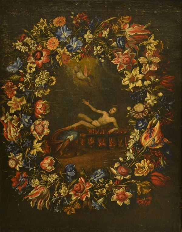 Scuola Italiana, sec. XVIII, CORONA DI FIORI CON FIGURA, olio su tela, cm 63x46