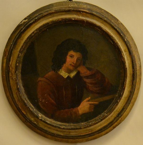 Scuola Italiana, sec. XVIII, POETA, olio su tavola circolare, diam. cm 23, piccoli difetti                                   