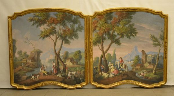 Scuola Italiana, PAESAGGI, coppia di dipinti in stile â€˜700, olio su tela sagomata,