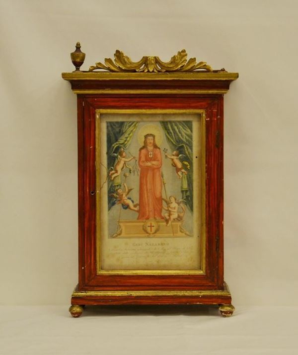 Tabernacolo, sec. XIX, in legno laccato, cimasa lavorata, internamente