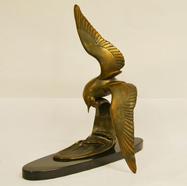 Scultura, Francia, sec. XX, GABBIANO E ONDA MARINA, in bronzo, base