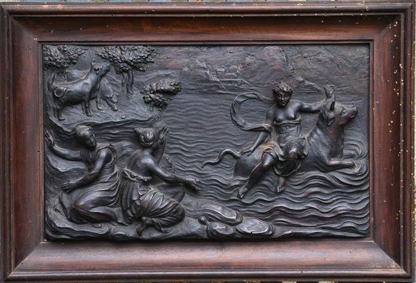Altorilievo, sec. XIX, in legno, raffigurante PERSONAGGI CON ANIMALI, cm 25,5x41