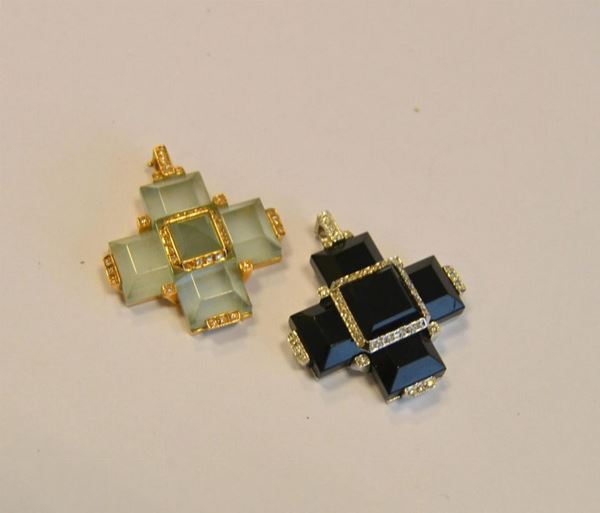  Pendente in oro bianco, onice e brillanti  