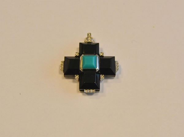  Pendente in oro bianco, turchese, onice e brillanti                     - Asta Antiquariato, Collezionismo & Gioielli - Poggio Bracciolini Casa d'Aste