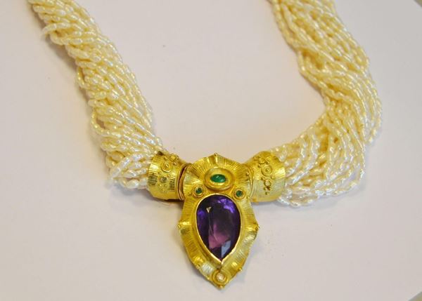  Collana in oro giallo, perle e ametista                                       - Asta Antiquariato, Collezionismo & Gioielli - Poggio Bracciolini Casa d'Aste