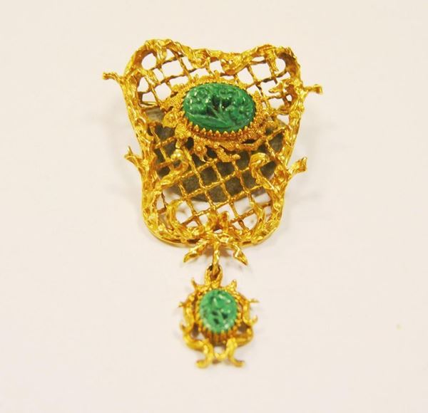  Spilla in oro giallo e malachite 