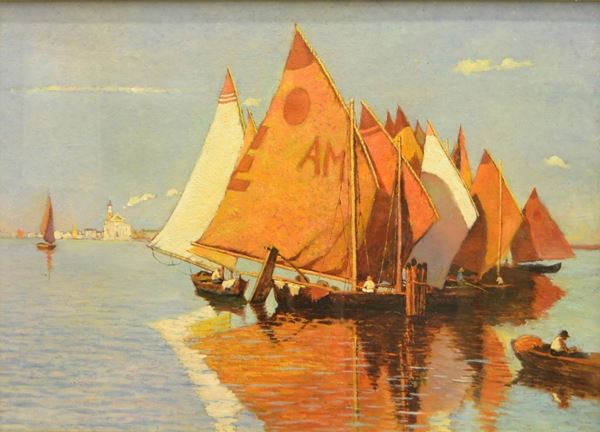 Scuola italiana, sec. XX LAGUNA DI VENEZIA olio su tavoletta, cm 43x6