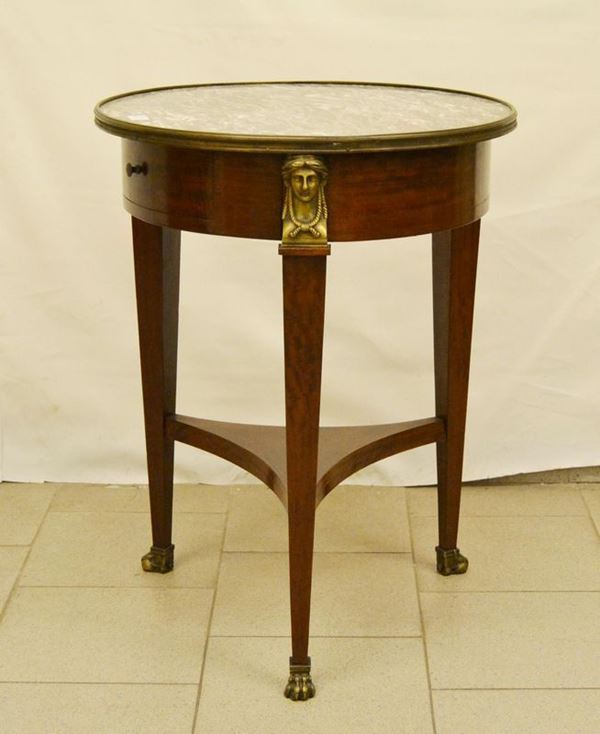  Tavolino, stile Impero,  in mogano, piano circolare in marmo,