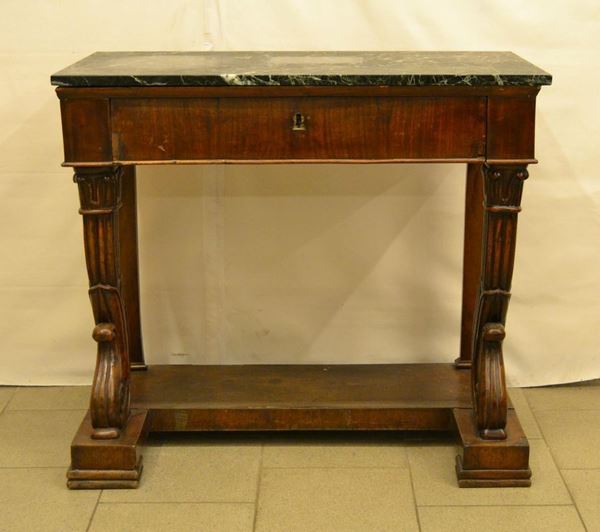  Console, Toscana, sec. XIX,  in mogano, ad un cassetto,
