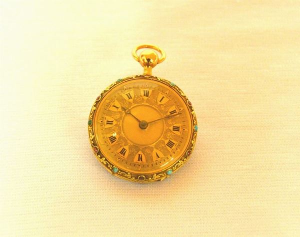 Orologio da tasca Vacheron &amp; Constantin, inizi sec. XIX, in oro giallo e oro rosa 18 kt , turchesi e rubini 