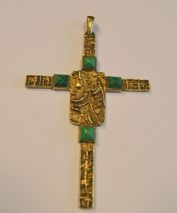  Croce pettorale in argento dorato e malachite  
