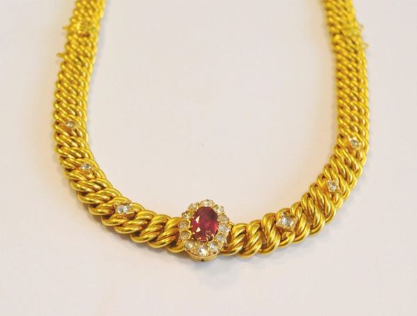  Due bracciali, divisibili formanti girocollo, in oro giallo,rubino e diamanti 