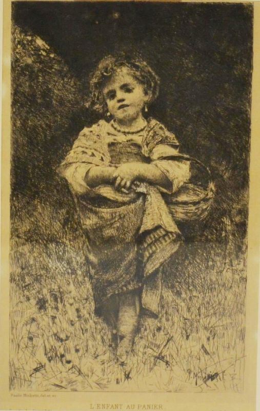 Michetti, Francesco Paolo (Tosco Casauria 1851 Ã”Ã‡Ã´ Francavilla al Mare 1929) LÃ”Ã‡Ã–ENFANT AU PANIER. 1878 Acquaforte. mm 240x160. Foglio: mm 277x188. Firmata sulla lastra in basso a e destra ed in caratteri tipografici in basso a sinistra. Esemplare stampato da Cadart per Ã”Ã‡Â£La Gazette des Beaux-ArtsÃ”Ã‡Ã˜ del marzo1880.  Bellissima impressione stampata su carta vergellata. Grandi margini, diffusa ossidazione e traccia di vecchio  montaggio visibile anche al recto al margine superiore. In cornic