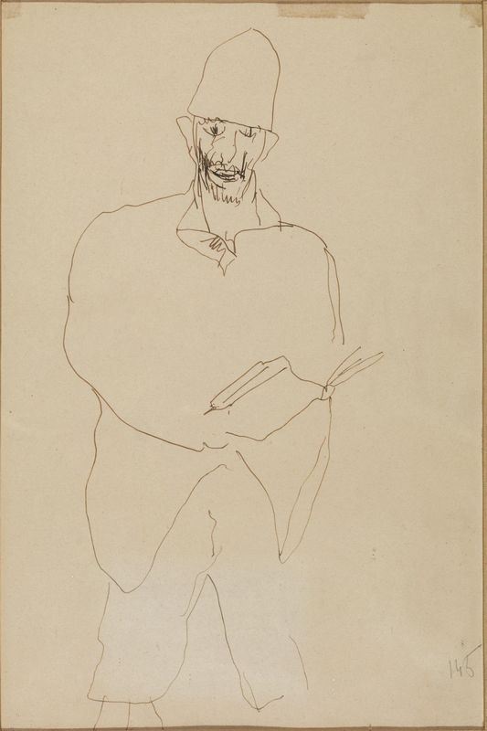 Viani, Lorenzo (Viareggio 1882 - Ostia 1936) FIGURA DI UOMO CON LIBRO E CAPPELLO Penna su carta avorio liscia. mm 300x200. Al verso autentica Ã”Ã‡Â£Lorenzo Viani proviene dalla figlia Ornella. Renato TassiÃ”Ã‡Ã˜. In cornice