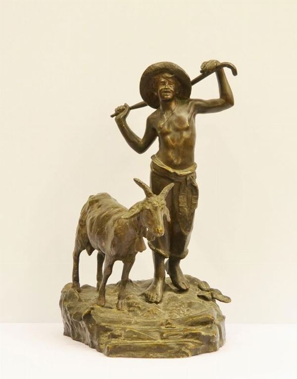  Scultura, sec. XIX,  in bronzo, raffigurante un pastorello 