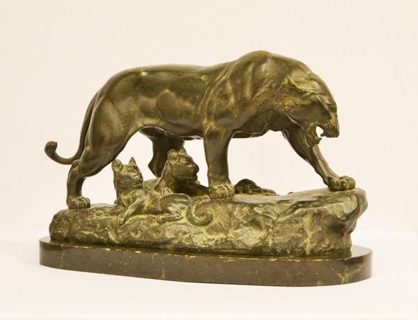  Scultura, fine sec. XIX,  in bronzo, raffigurante una tigre, 